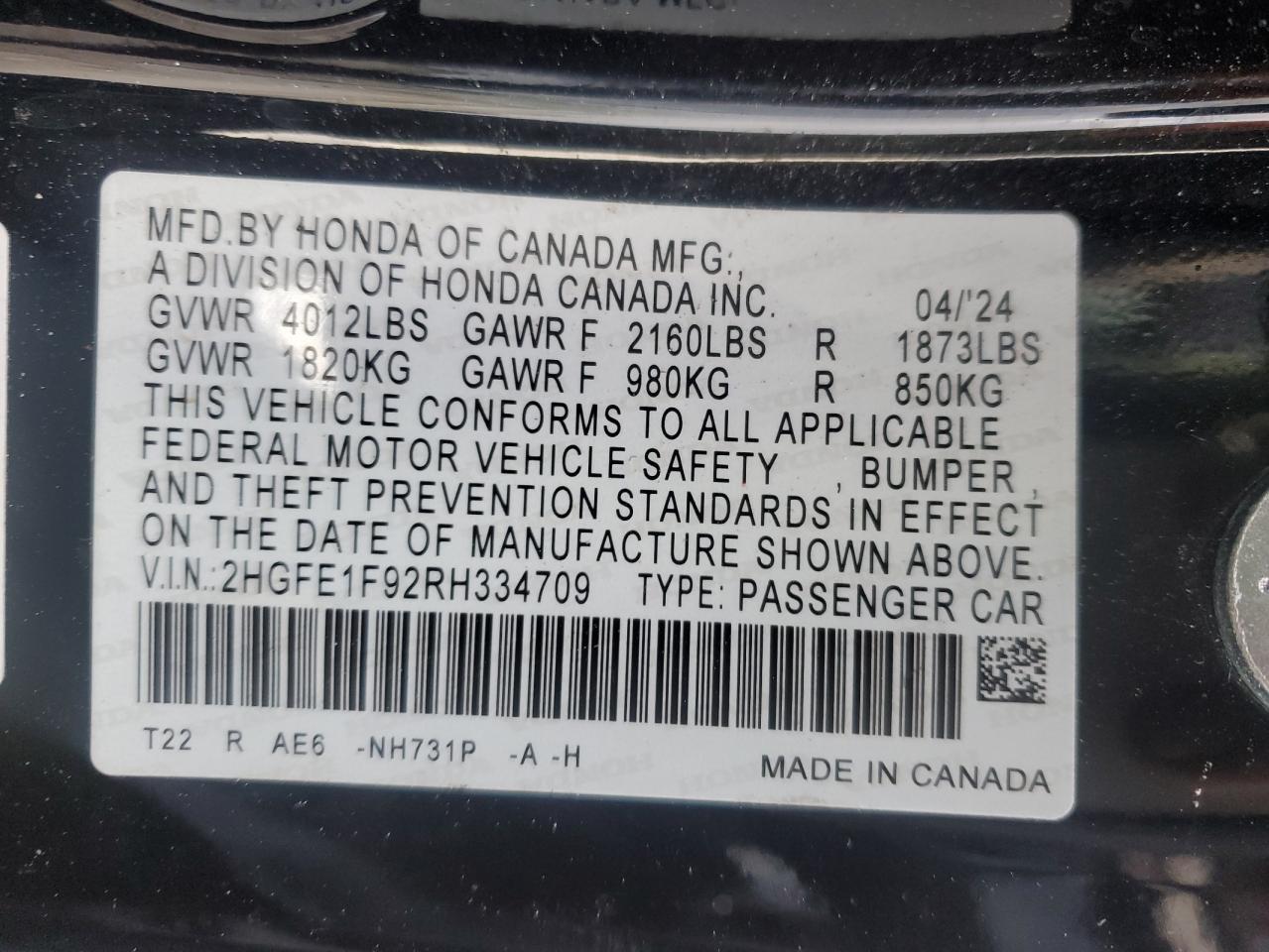 2024 HONDA CIVIC TOURING VIN:2HGFE1F92RH334709