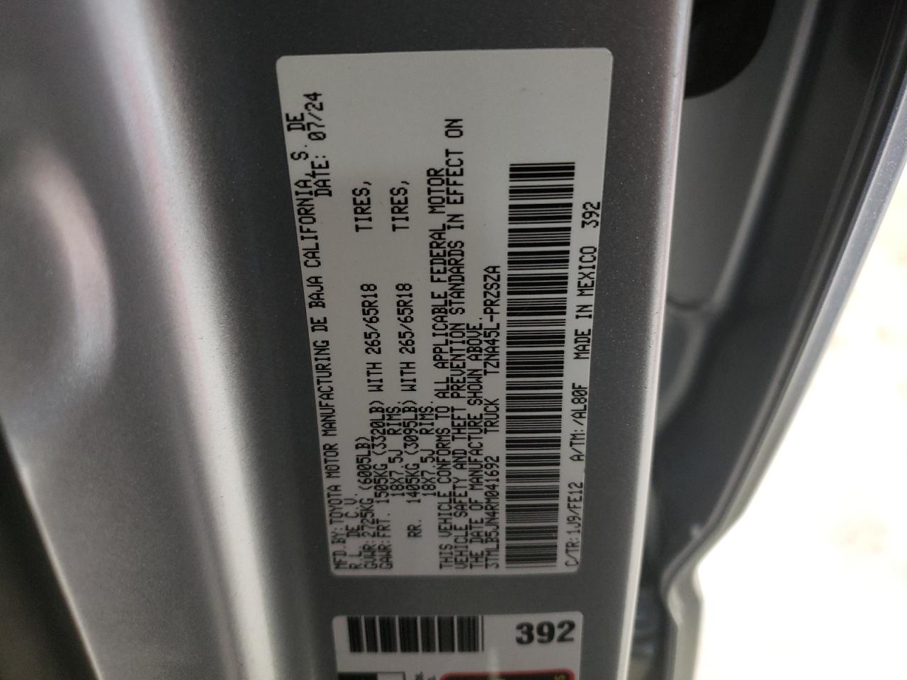 2024 TOYOTA TACOMA DOUBLE CAB VIN:3TMLB5JN4RM041692