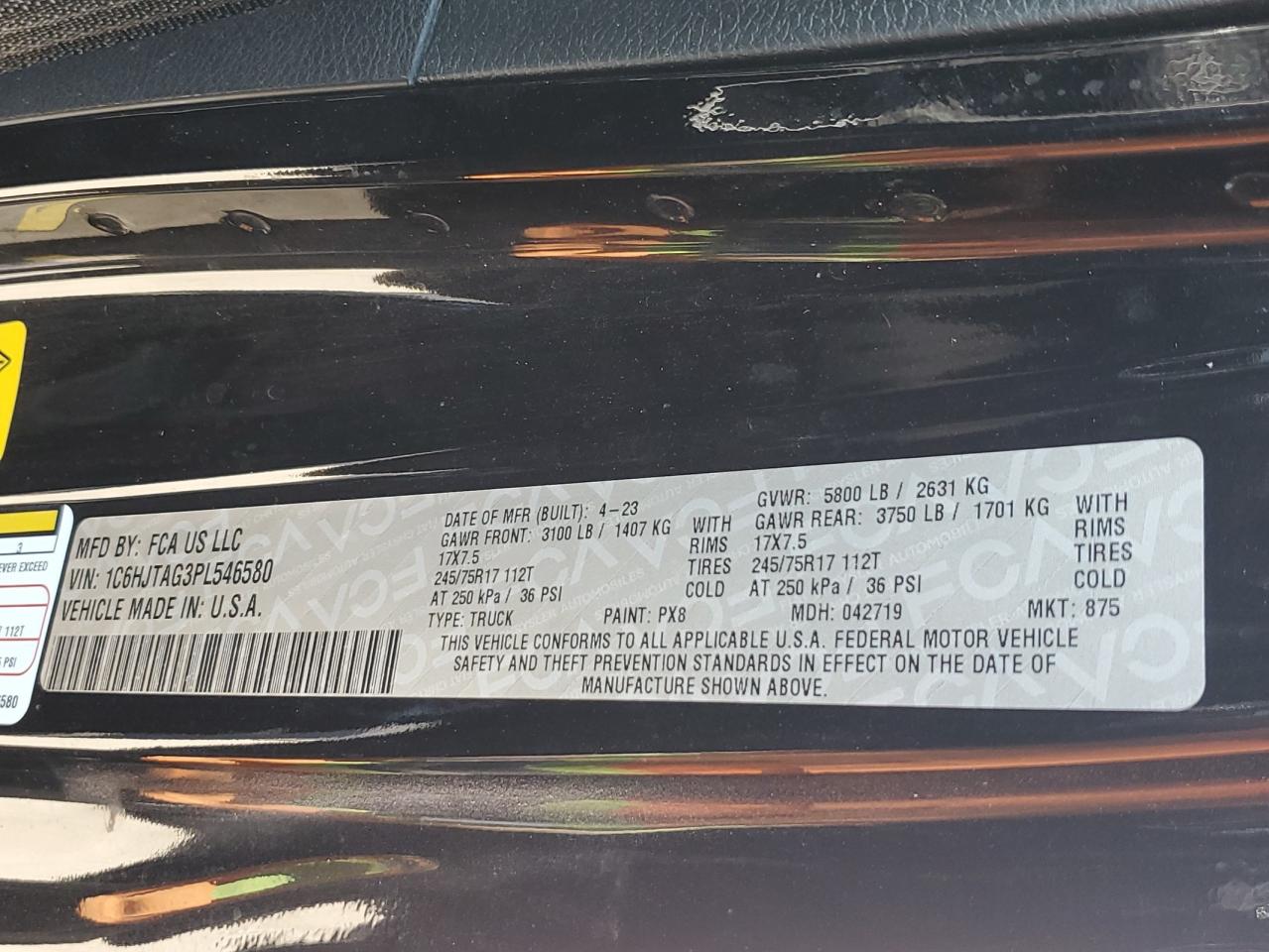 2023 JEEP GLADIATOR SPORT VIN:1C6HJTAG3PL546580