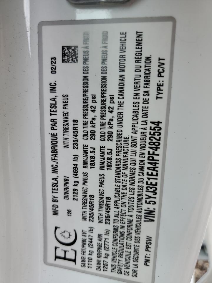 2023 TESLA MODEL 3  VIN:5YJ3E1EA4PF482554