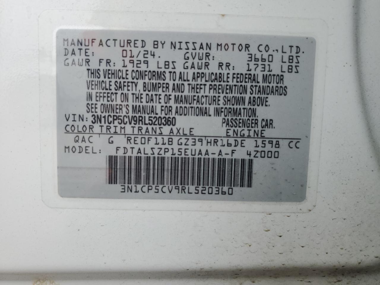 2024 NISSAN KICKS SV VIN:3N1CP5CV9RL520360
