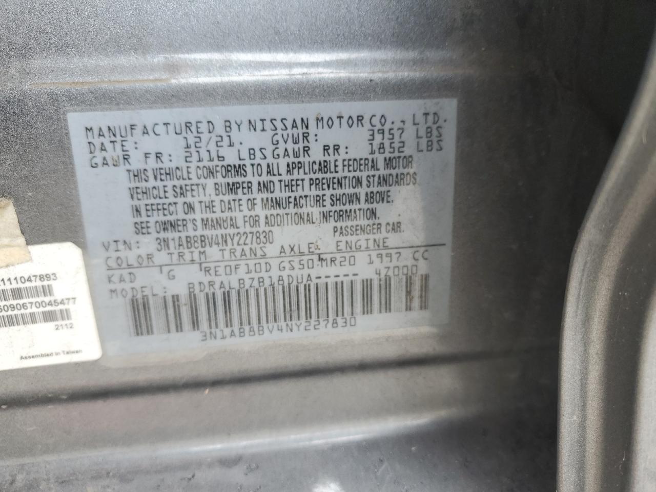 2022 NISSAN SENTRA S VIN:3N1AB8BV4NY227830