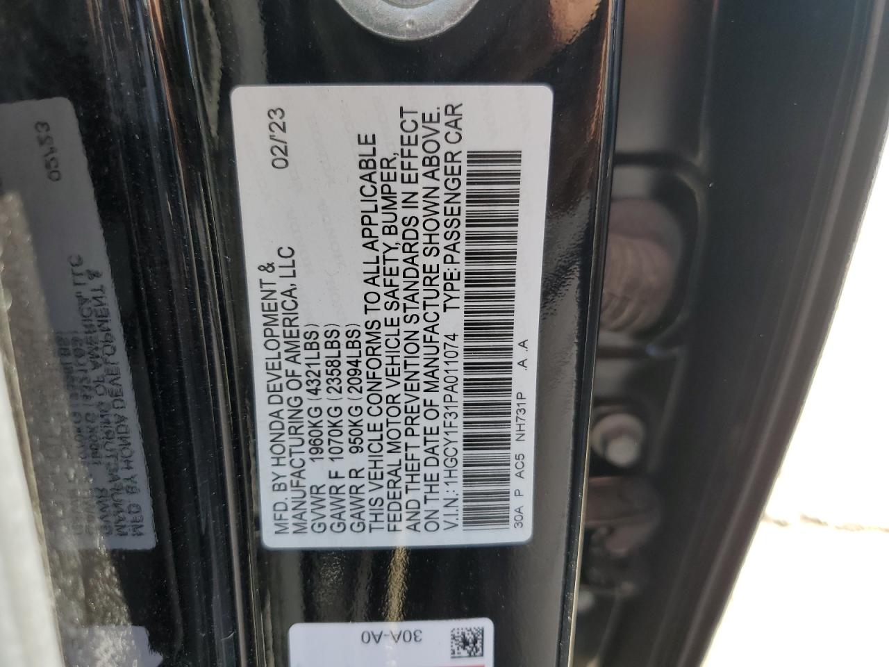 2023 HONDA ACCORD EX VIN:1HGCY1F31PA011074