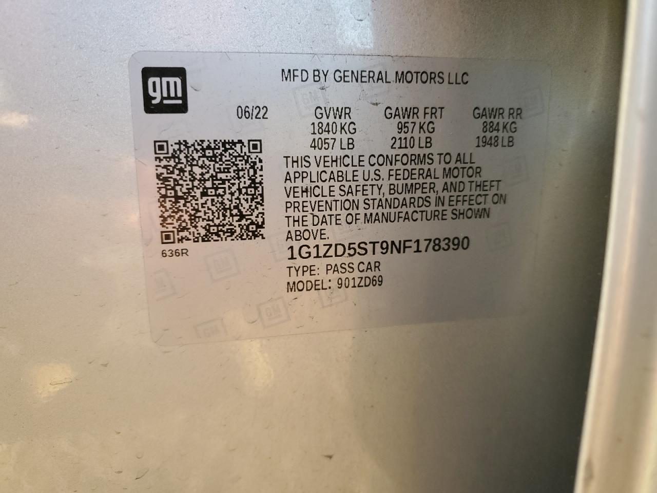 2022 CHEVROLET MALIBU LT VIN:1G1ZD5ST9NF178390