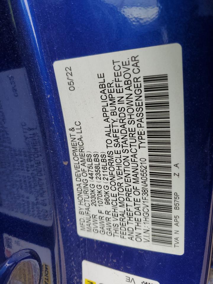 2022 HONDA ACCORD SPORT VIN:1HGCV1F38NA055210