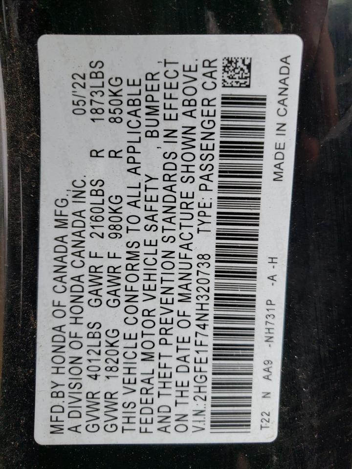 2022 HONDA CIVIC EX VIN:2HGFE1F74NH320738