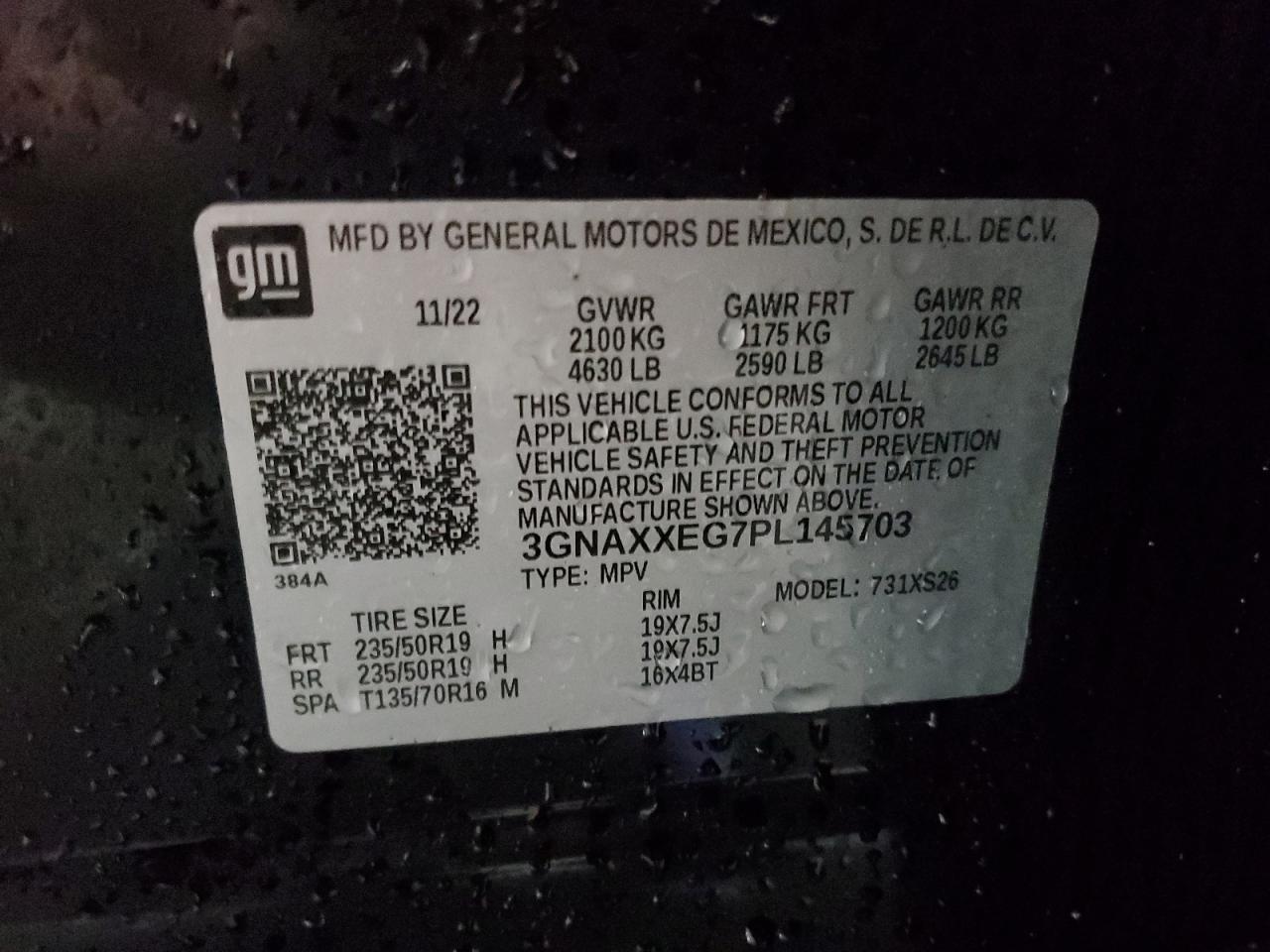 2023 CHEVROLET EQUINOX PREMIER VIN:3GNAXXEG7PL145703