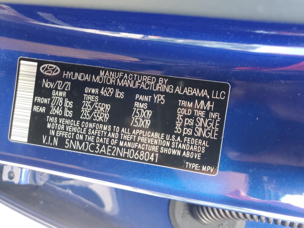 2022 HYUNDAI TUCSON SEL VIN:5NMJC3AE2NH068041