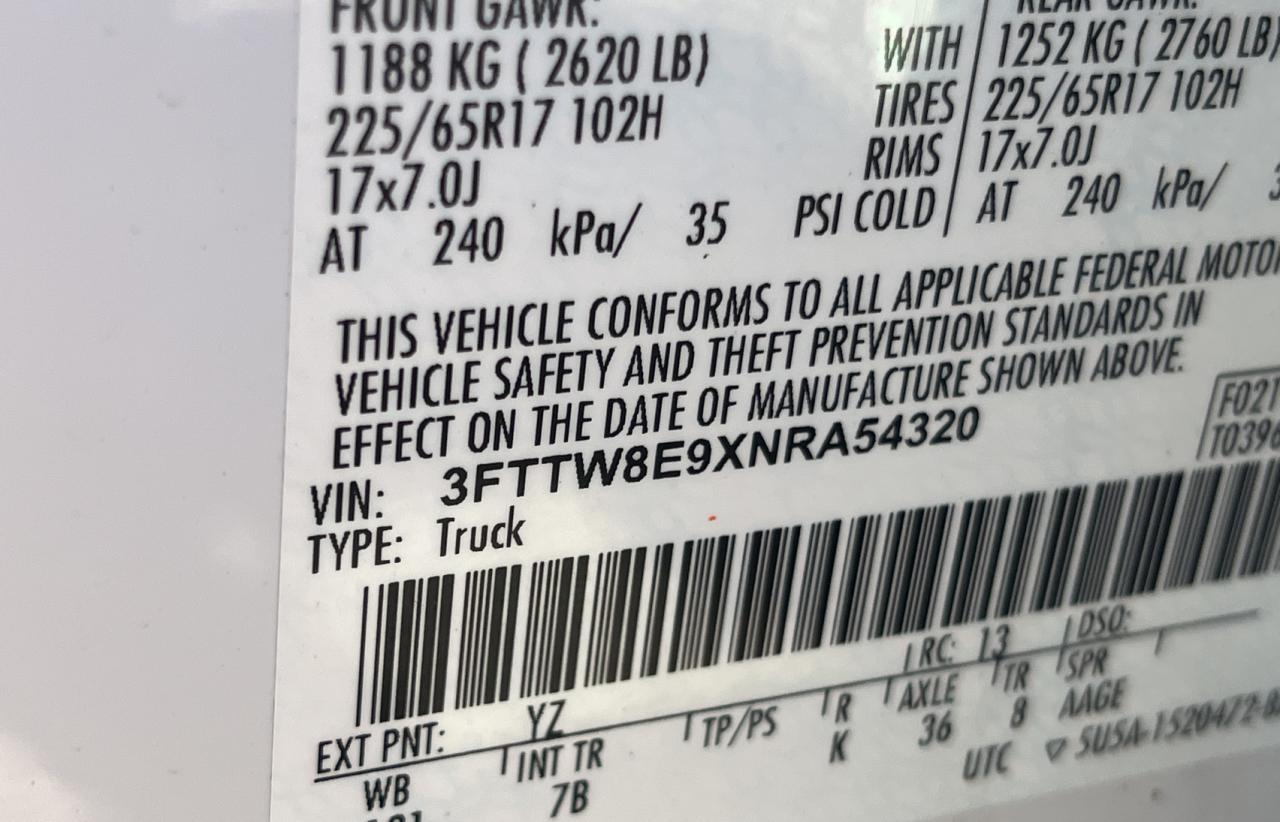 2022 FORD MAVERICK XL VIN:3FTTW8E9XNRA54320