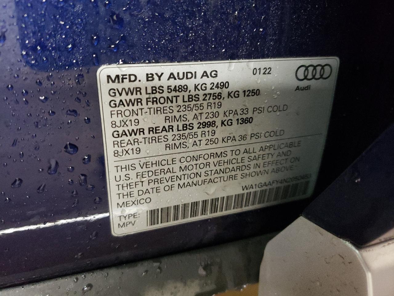 2022 AUDI Q5 PREMIUM 45 VIN:WA1GAAFY4N2050453