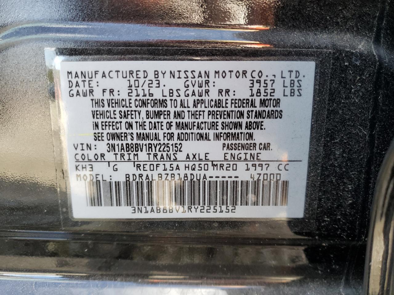 2024 NISSAN SENTRA S VIN:3N1AB8BV1RY225152