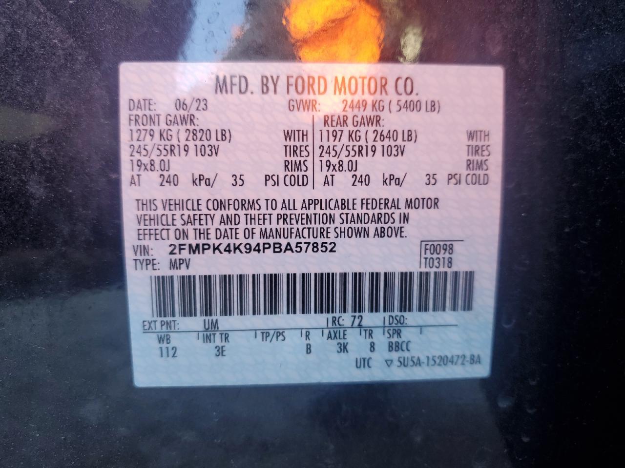 2023 FORD EDGE TITANIUM VIN:2FMPK4K94PBA57852