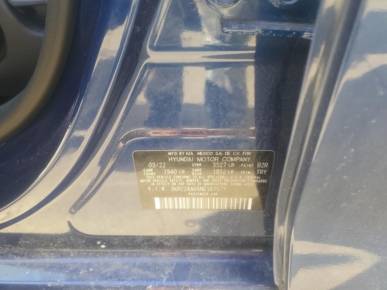 2022 HYUNDAI ACCENT SE VIN:3KPC24A6XNE167577