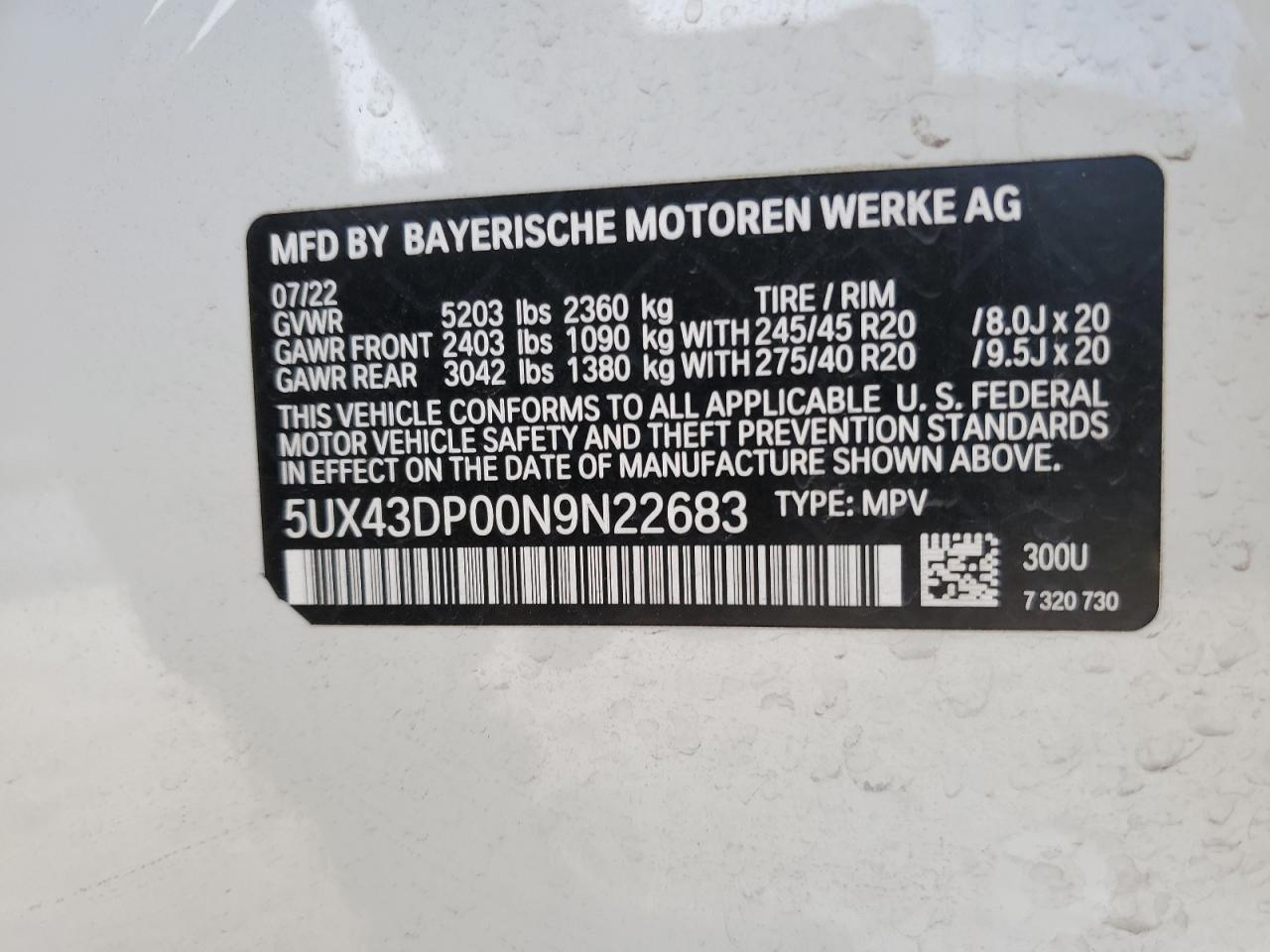 2022 BMW X3 SDRIVE30I VIN:5UX43DP00N9N22683