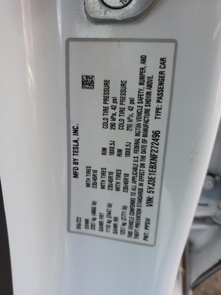 2022 TESLA MODEL 3  VIN:5YJ3E1EBXNF272496
