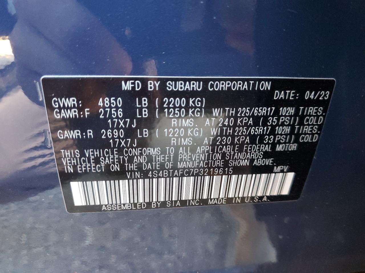 2023 SUBARU OUTBACK PREMIUM VIN:4S4BTAFC7P3219615