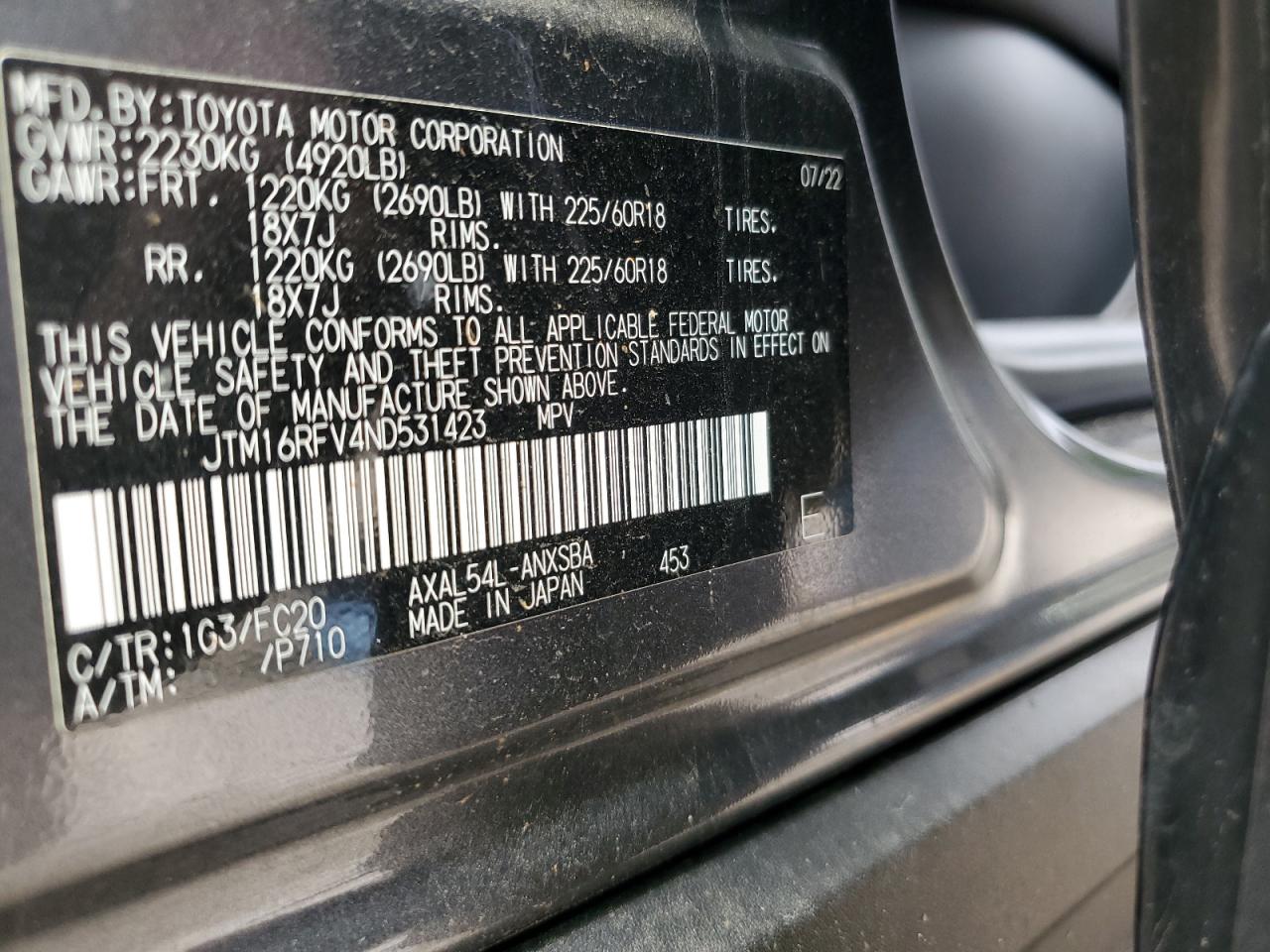 2022 TOYOTA RAV4 SE VIN:JTM16RFV4ND531423