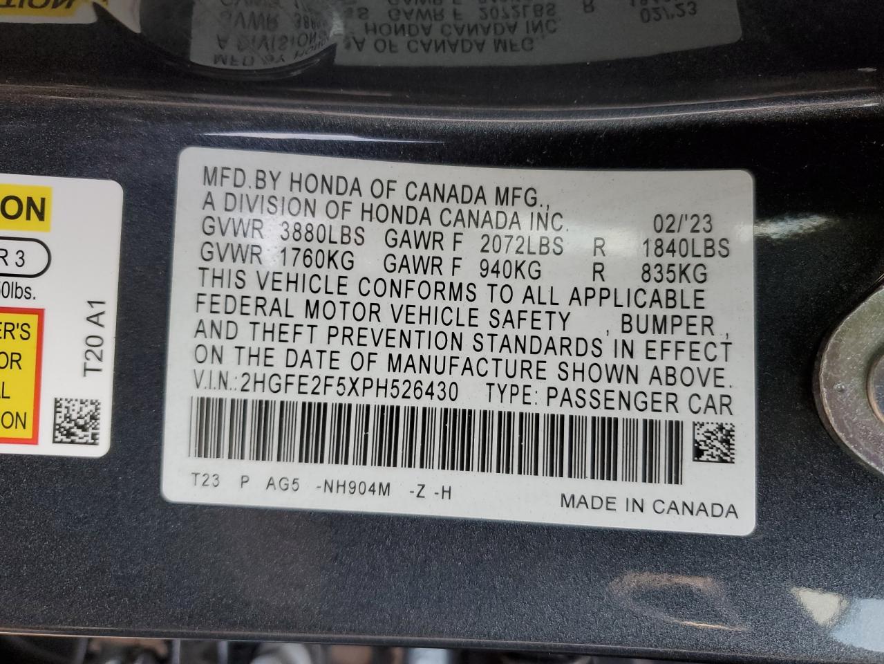 2023 HONDA CIVIC SPORT VIN:2HGFE2F5XPH526430