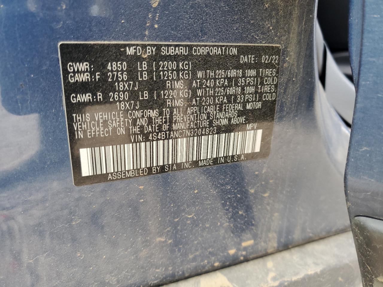 2022 SUBARU OUTBACK LIMITED VIN:4S4BTANC7N3204823