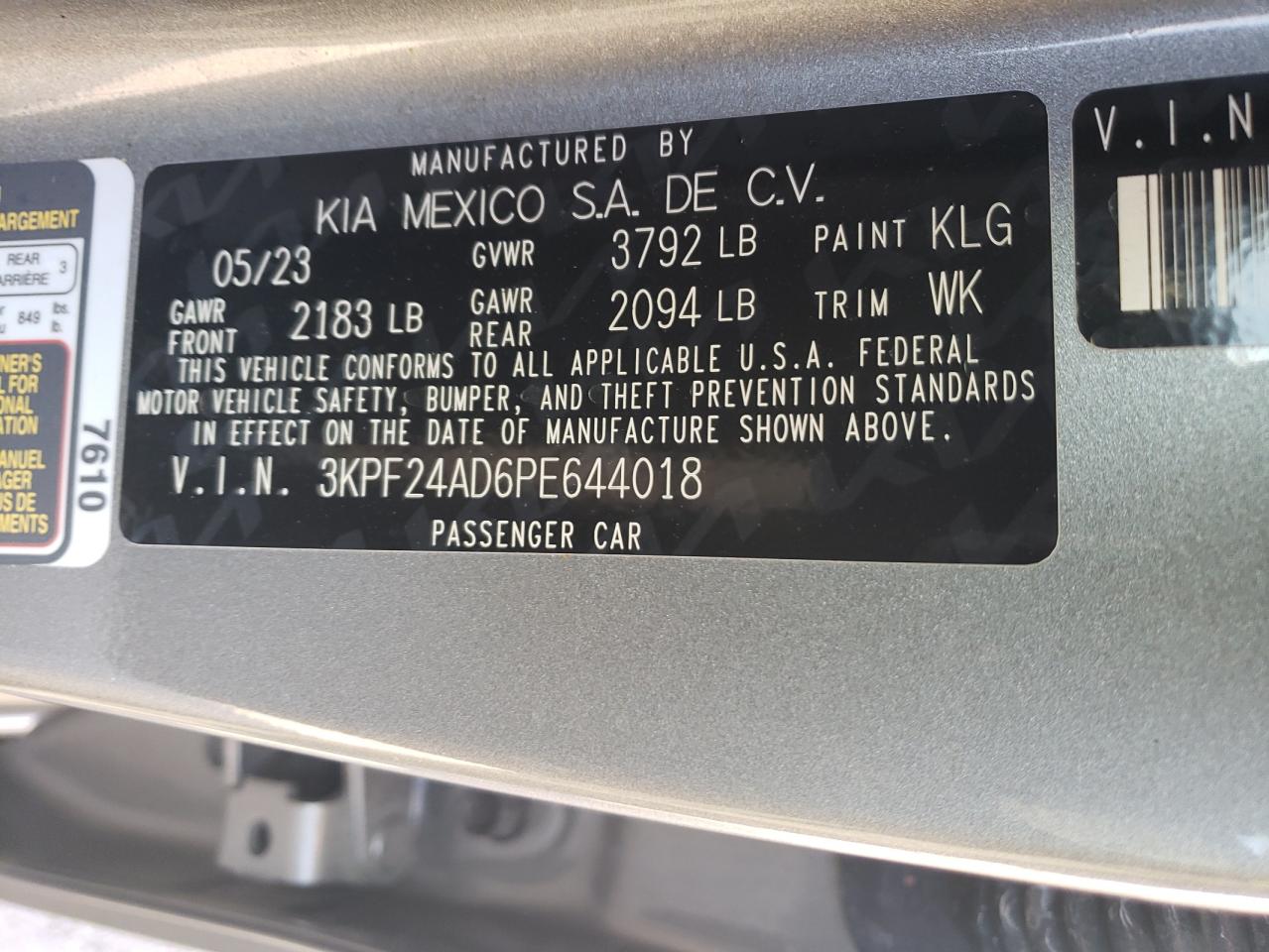 2023 KIA FORTE LX VIN:3KPF24AD6PE644018