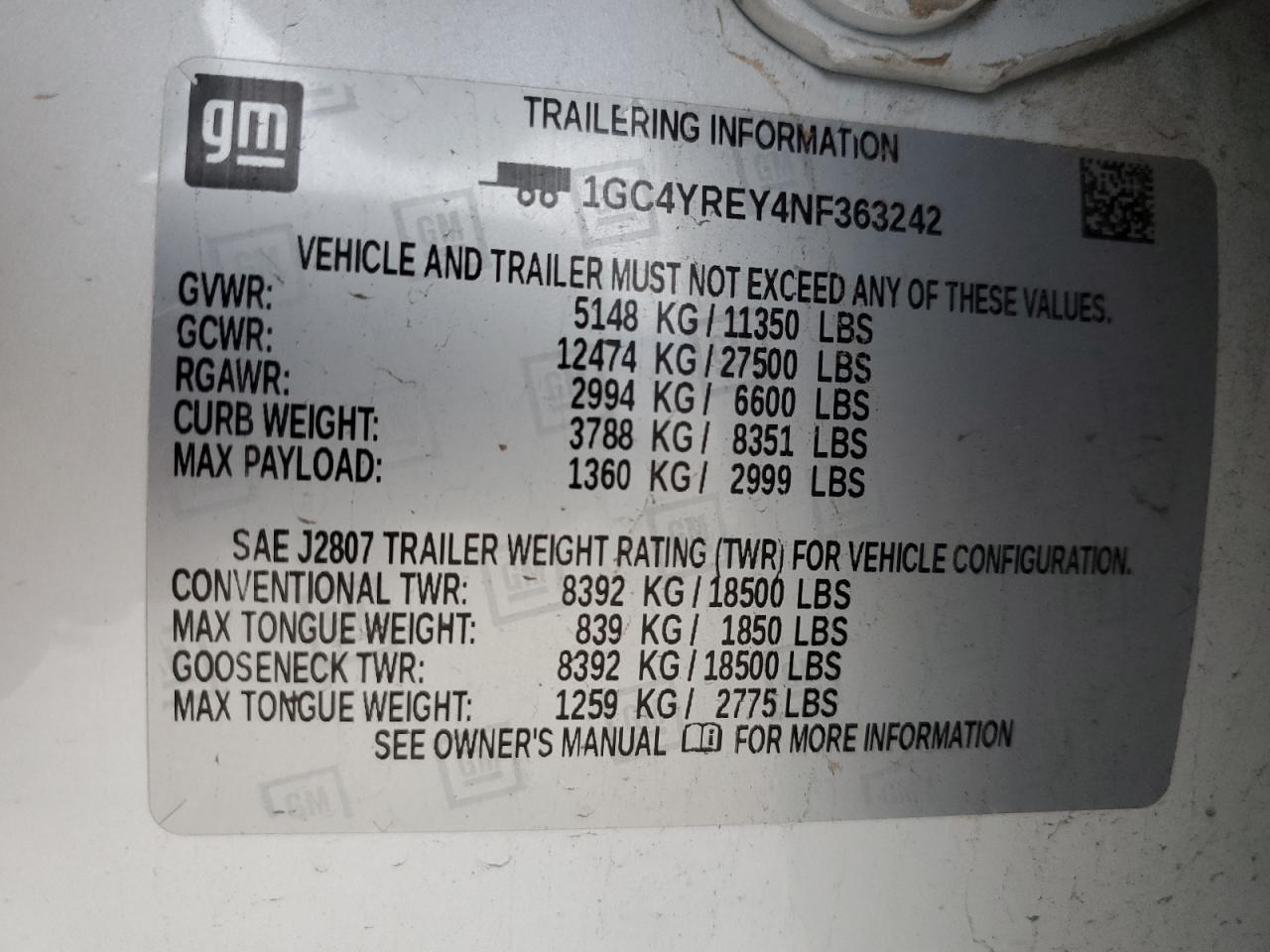 2022 CHEVROLET SILVERADO K2500 HIGH COUNTRY VIN:1GC4YREY4NF363242