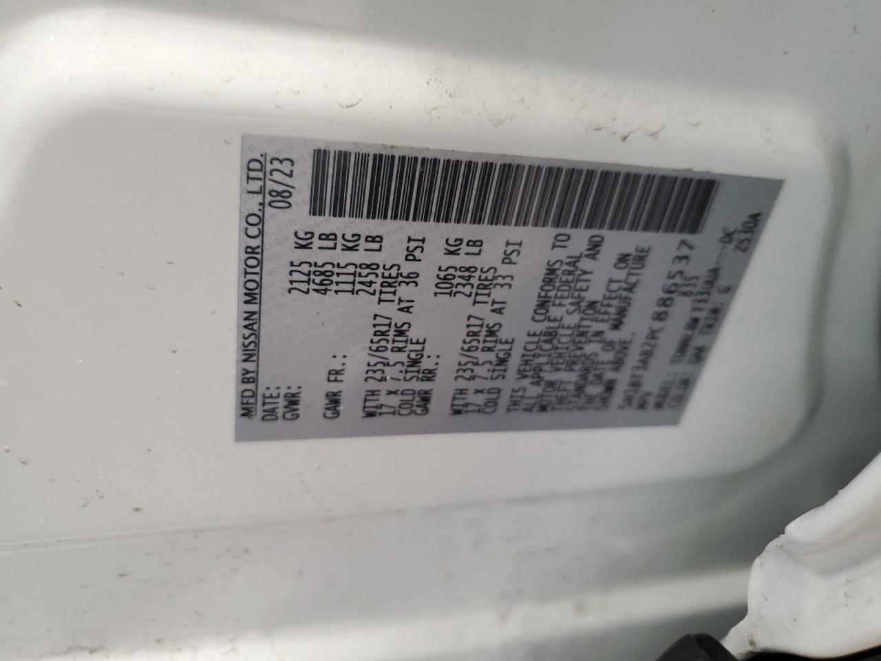 2023 NISSAN ROGUE S VIN:5N1BT3AB2PC886537