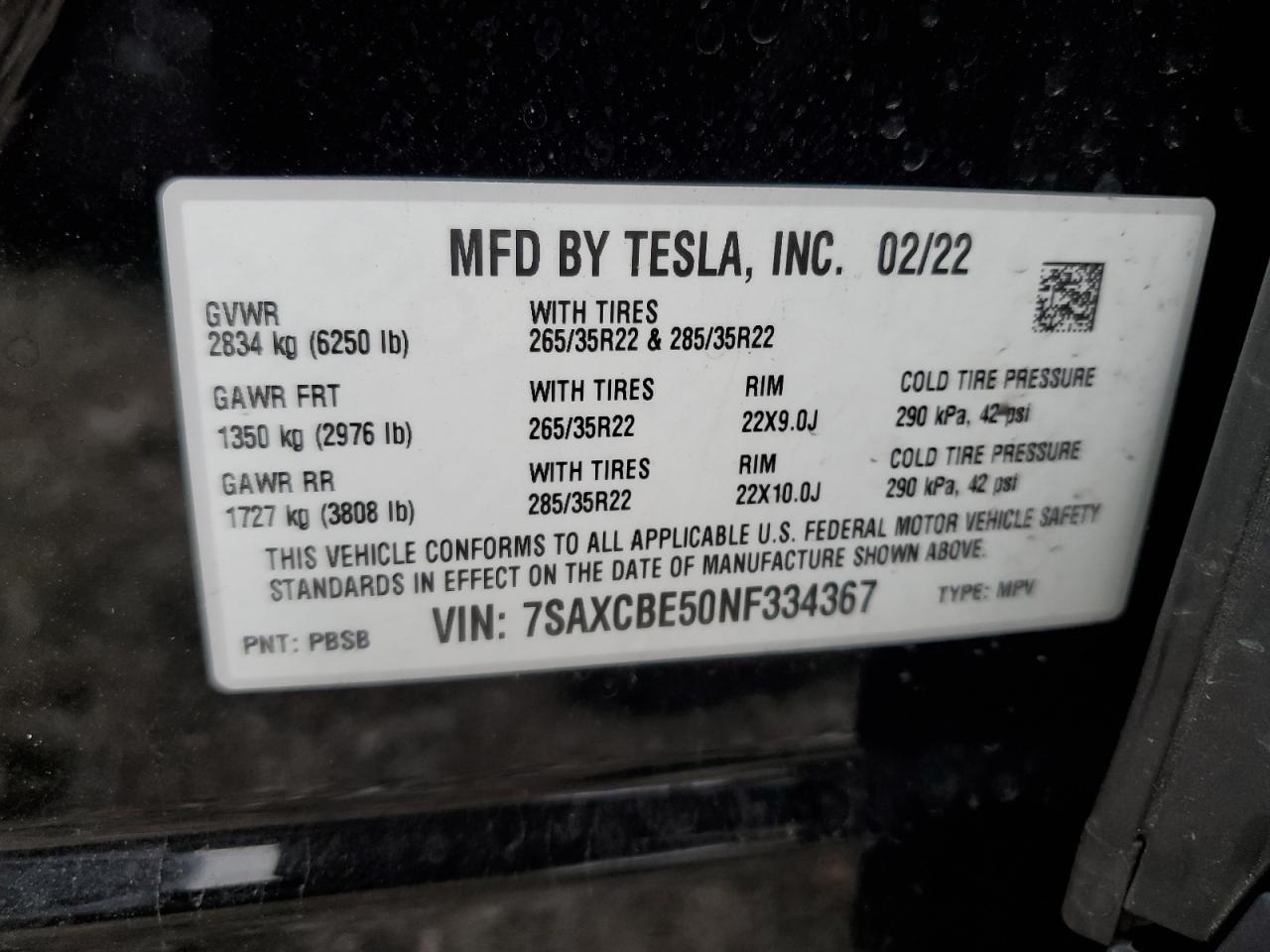 2022 TESLA MODEL X  VIN:7SAXCBE50NF334367