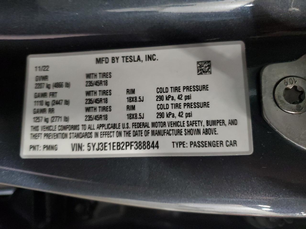 2023 TESLA MODEL 3  VIN:5YJ3E1EB2PF388844