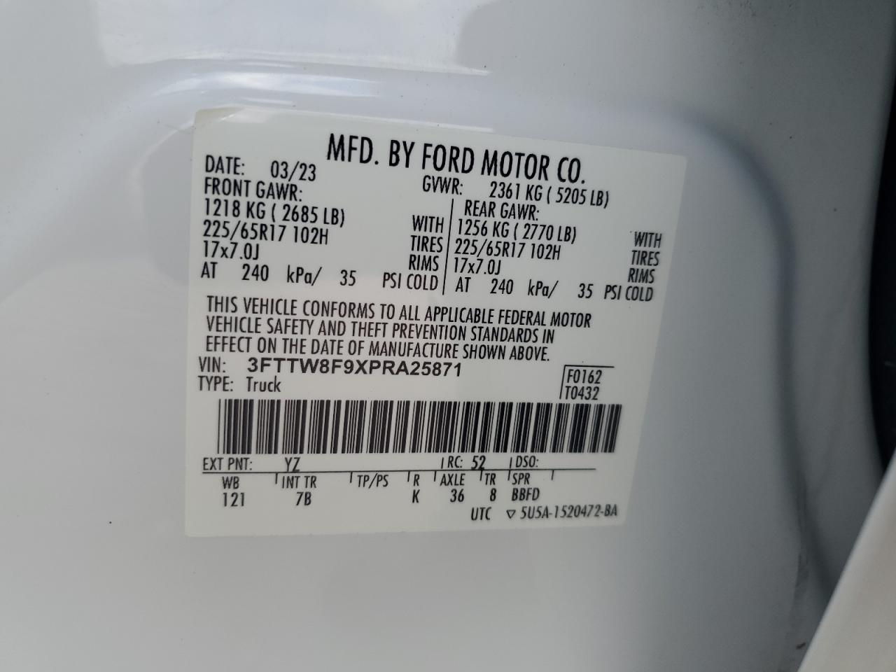 2023 FORD MAVERICK XL VIN:3FTTW8F9XPRA25871