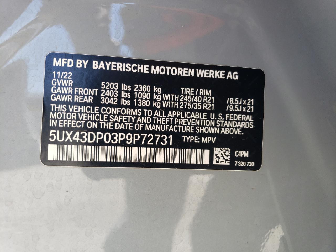 2023 BMW X3 SDRIVE30I VIN:5UX43DP03P9P72731