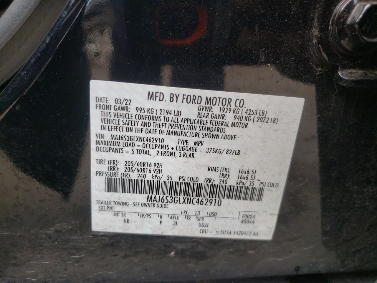 2022 FORD ECOSPORT SE VIN:MAJ6S3GLXNC462910