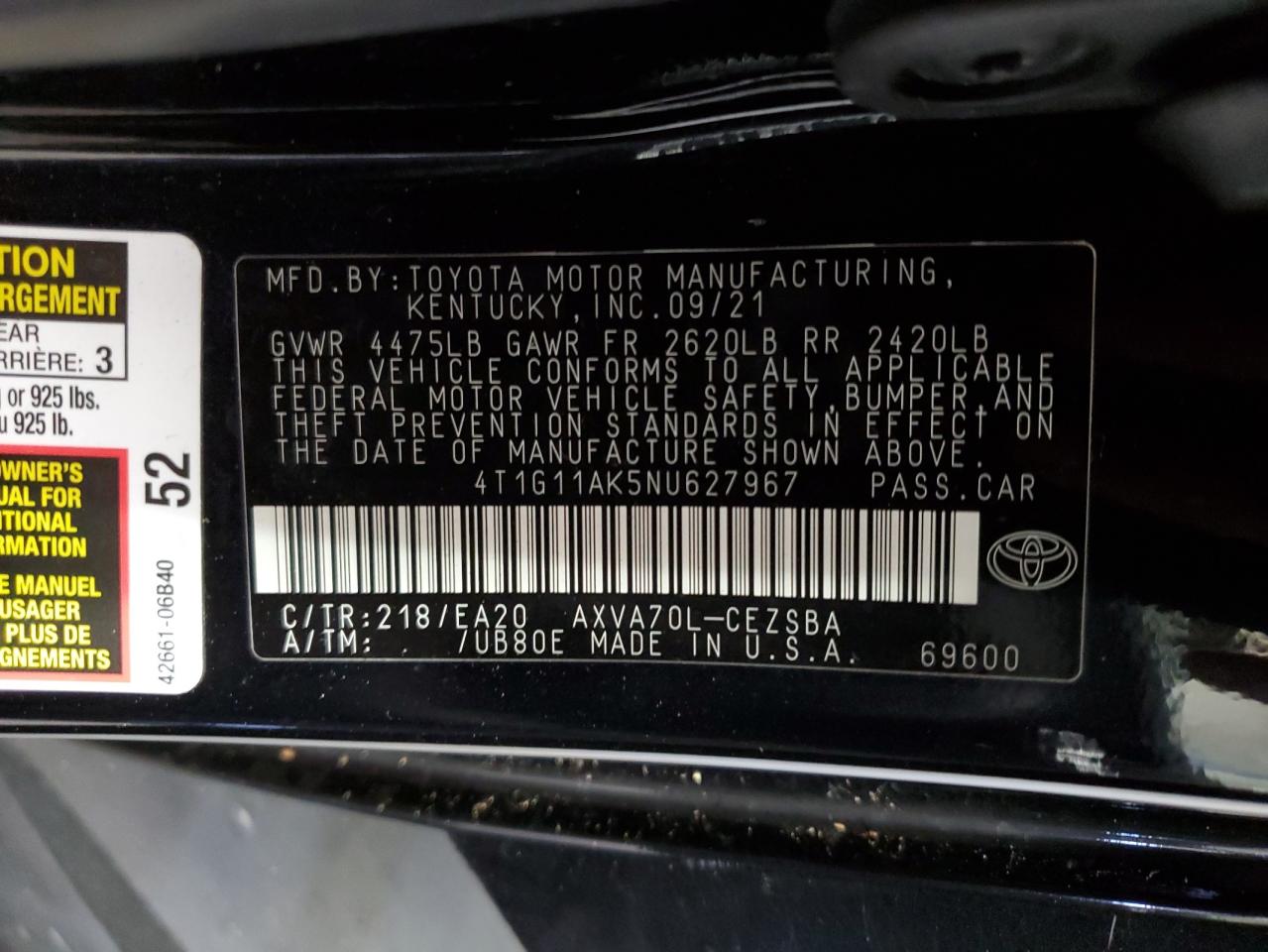 2022 TOYOTA CAMRY SE VIN:4T1G11AK5NU627967