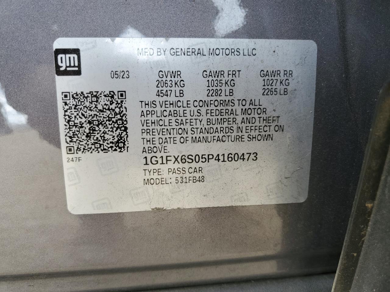 2023 CHEVROLET BOLT EV 2LT VIN:1G1FX6S05P4160473