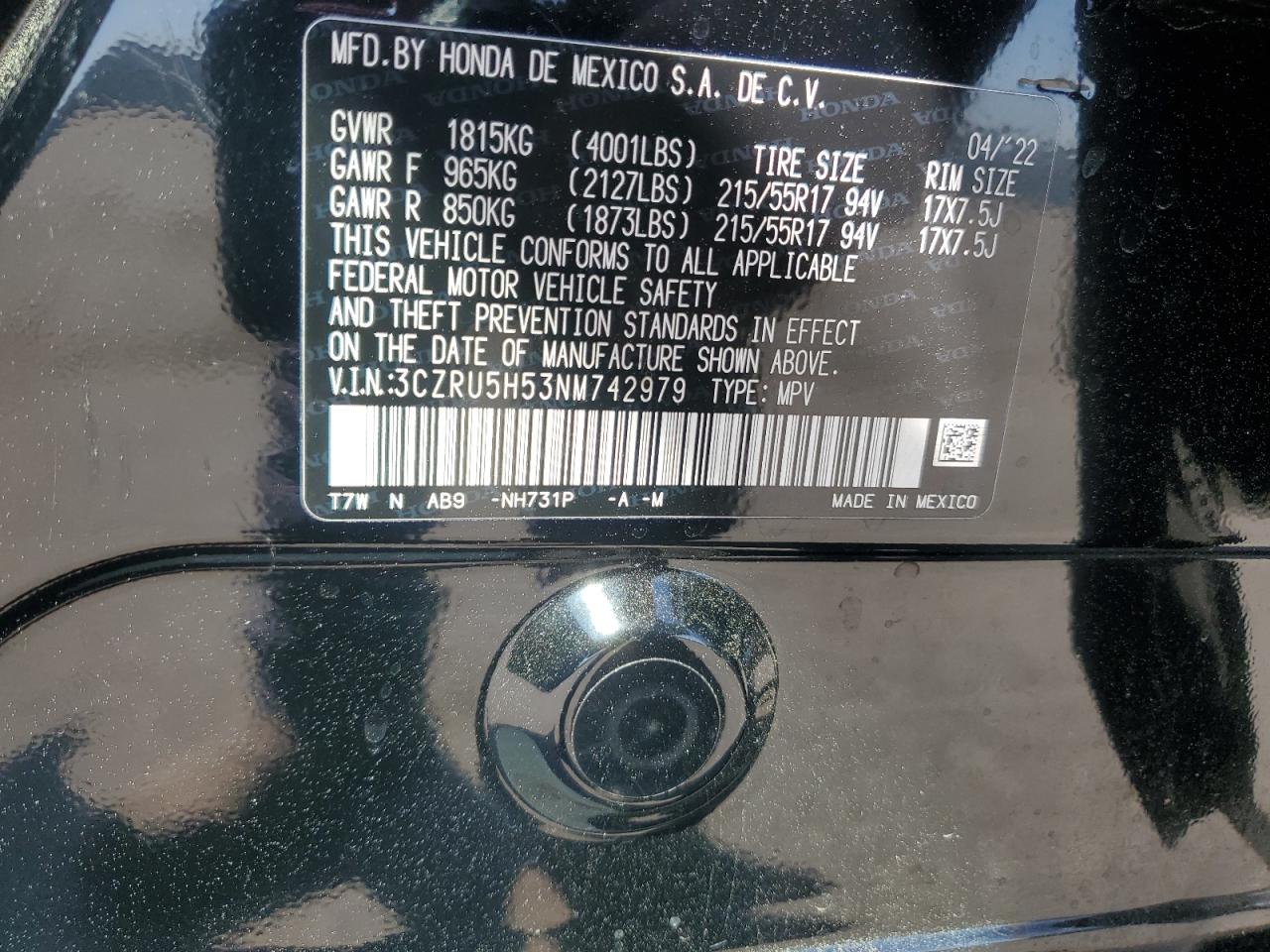 2022 HONDA HR-V EX VIN:3CZRU5H53NM742979