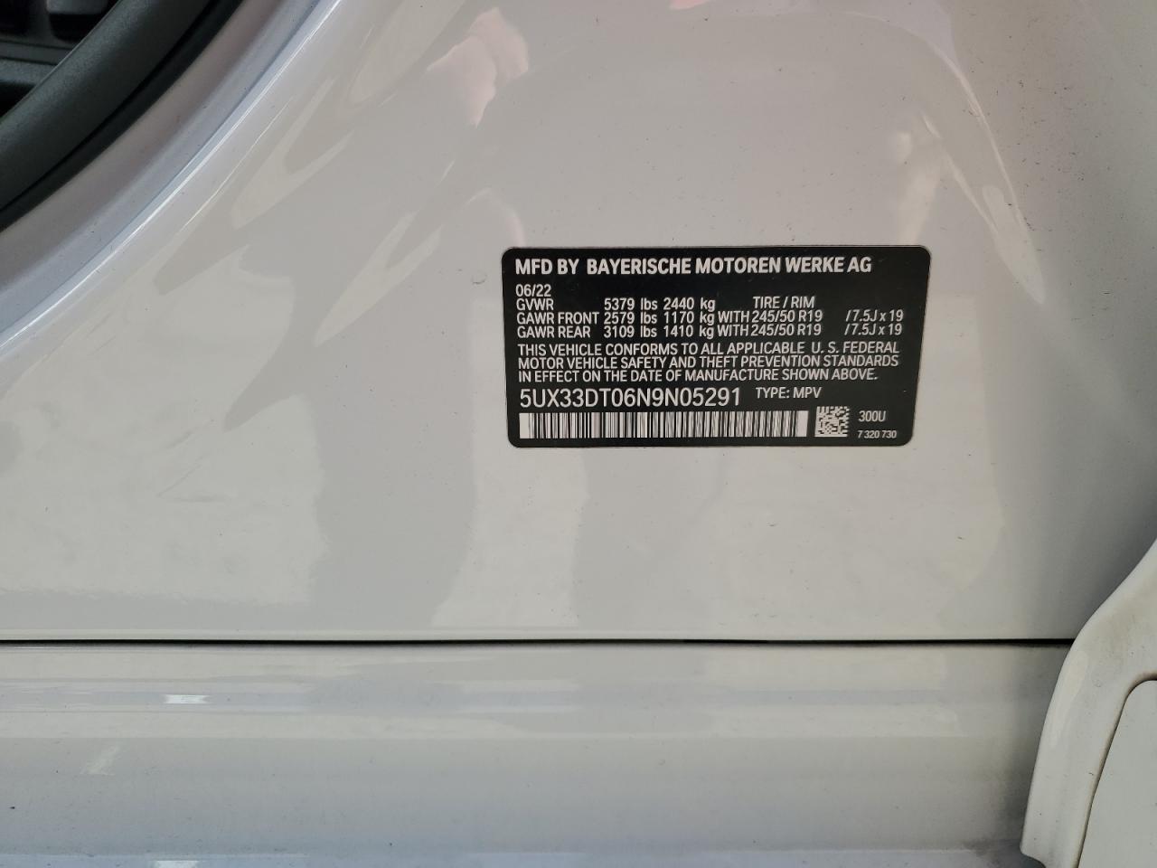 2022 BMW X4 XDRIVE30I VIN:5UX33DT06N9N05291