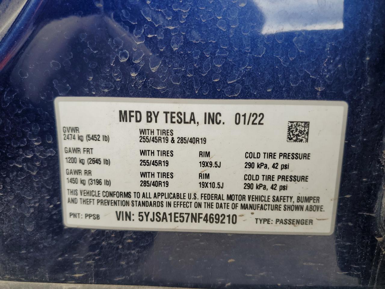 2022 TESLA MODEL S  VIN:5YJSA1E57NF469210