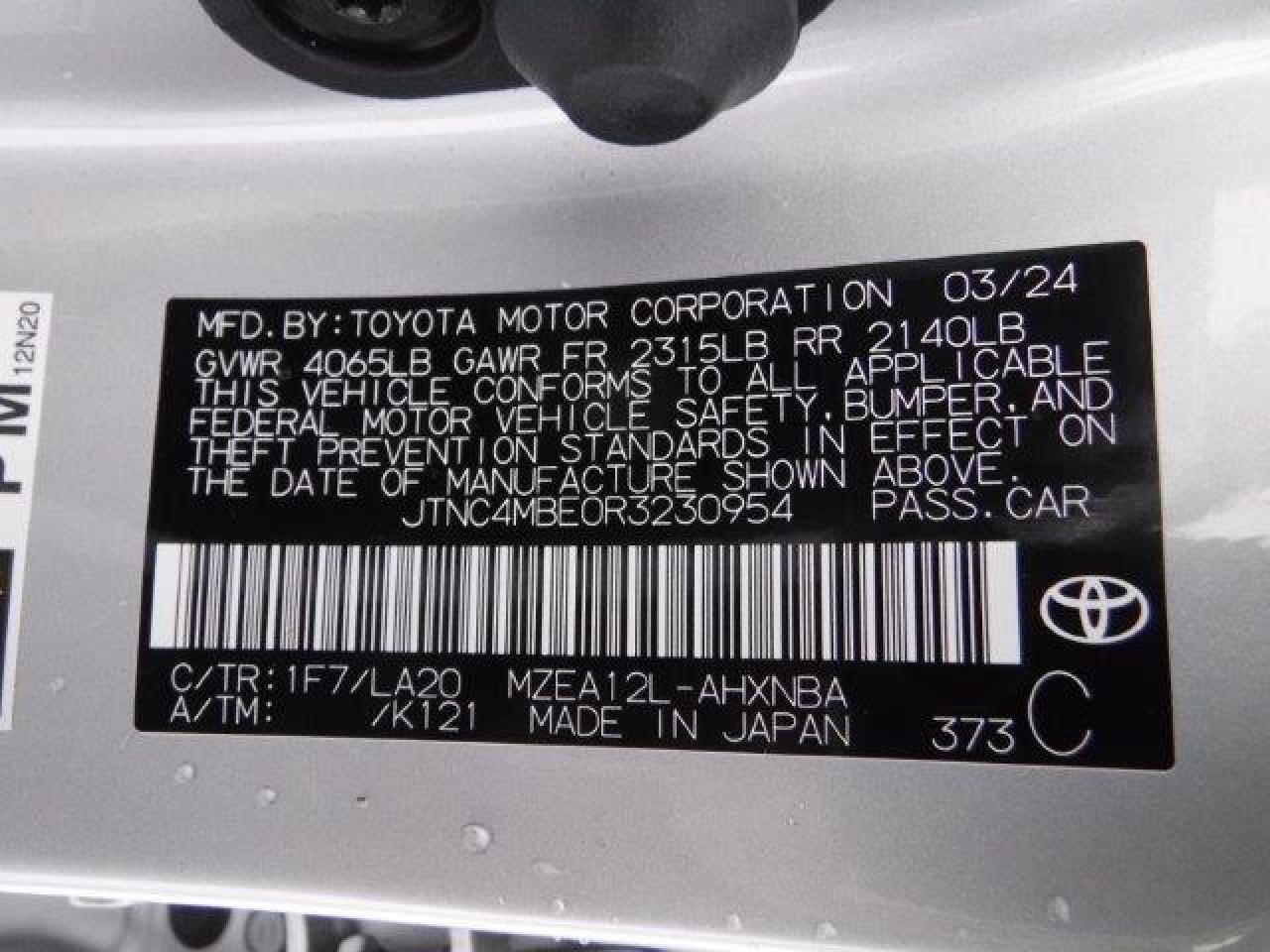 2024 TOYOTA COROLLA XSE VIN:JTNC4MBE0R3230954