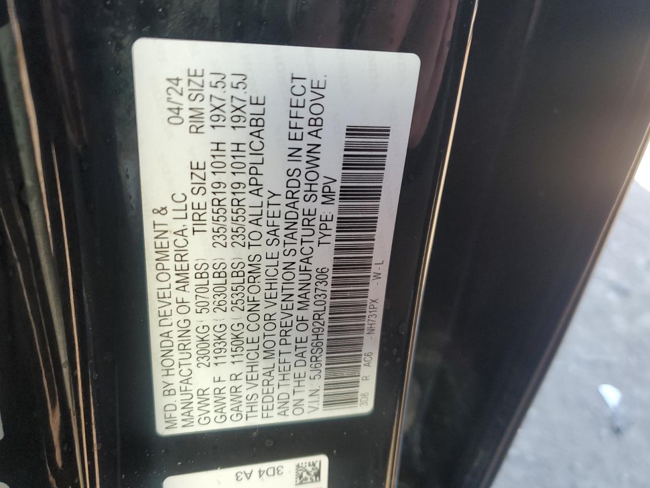 2024 HONDA CR-V SPORT TOURING VIN:5J6RS6H92RL037306