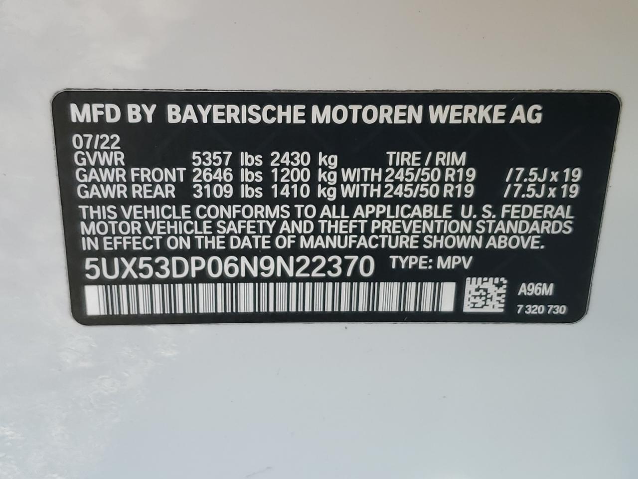 2022 BMW X3 XDRIVE30I VIN:5UX53DP06N9N22370