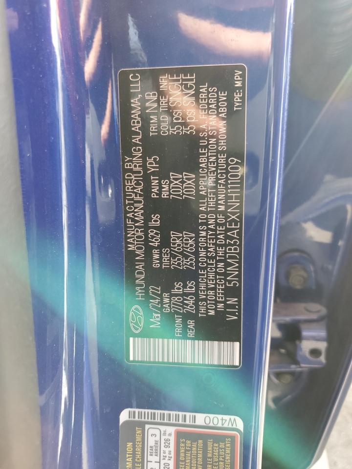 2022 HYUNDAI TUCSON SEL VIN:5NMJB3AEXNH111009