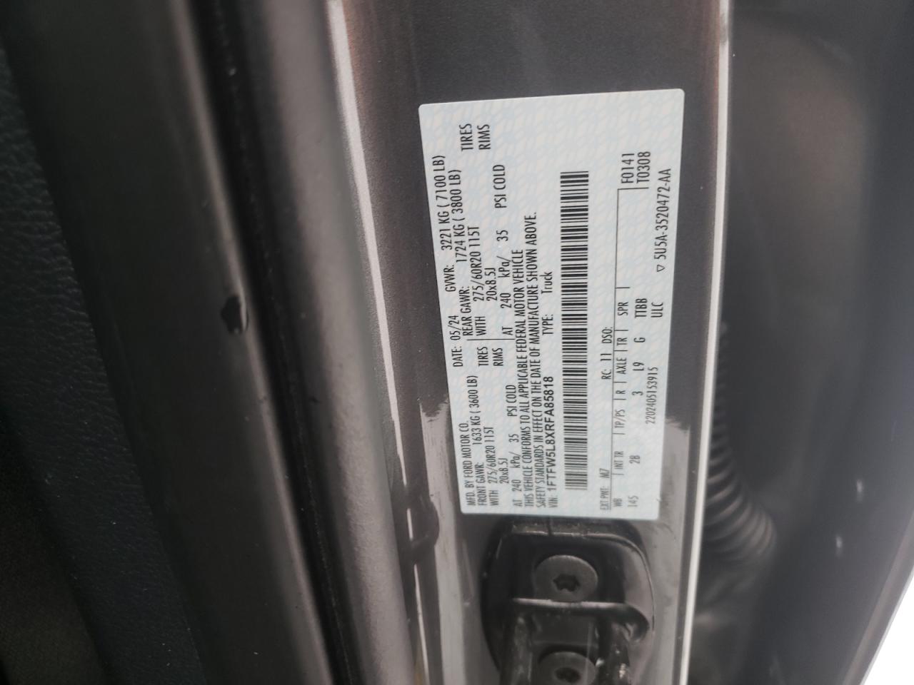 2024 FORD F150 LARIAT VIN:1FTFW5L8XRFA85818