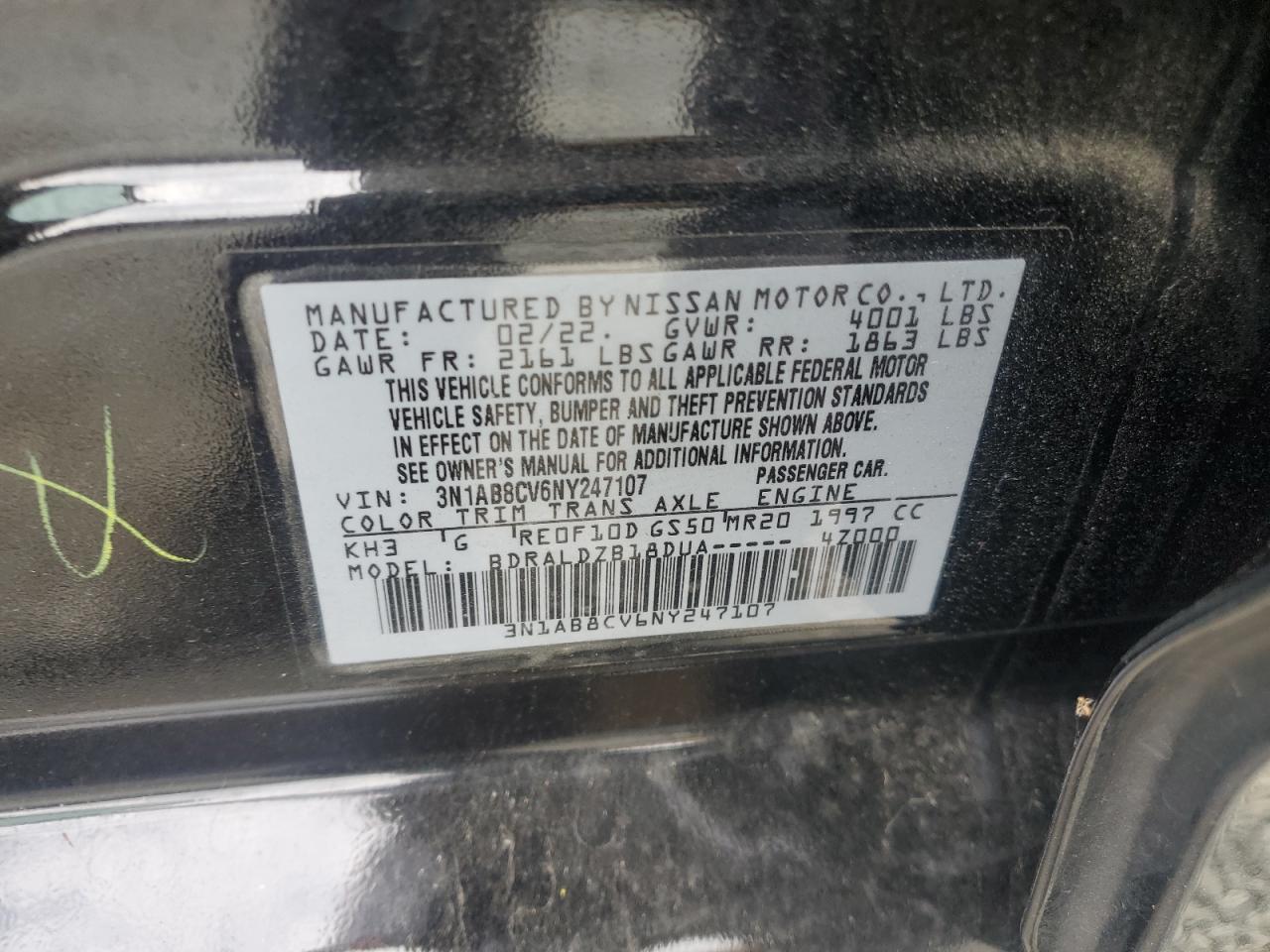 2022 NISSAN SENTRA SV VIN:3N1AB8CV6NY247107