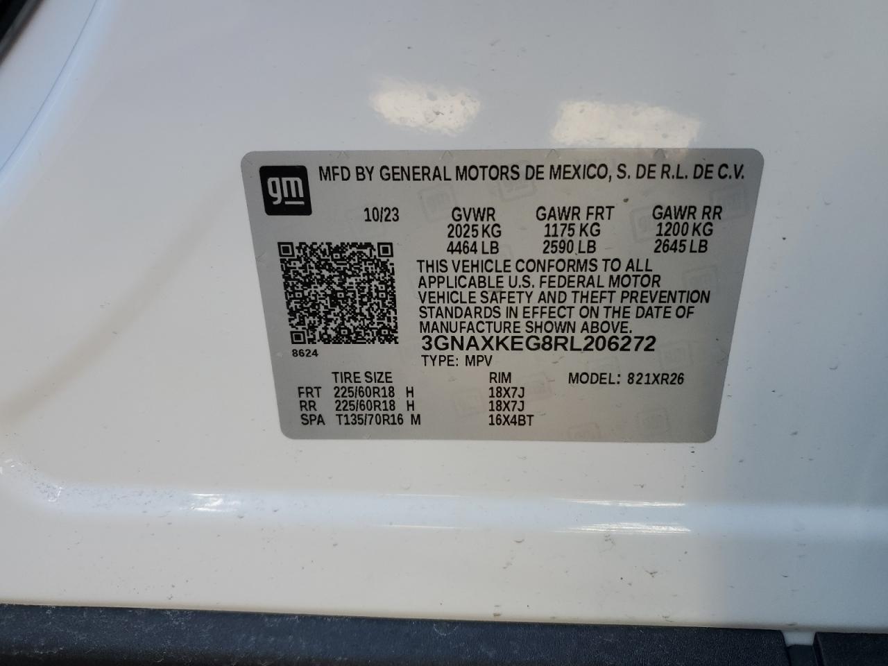 2024 CHEVROLET EQUINOX LT VIN:3GNAXKEG8RL206272