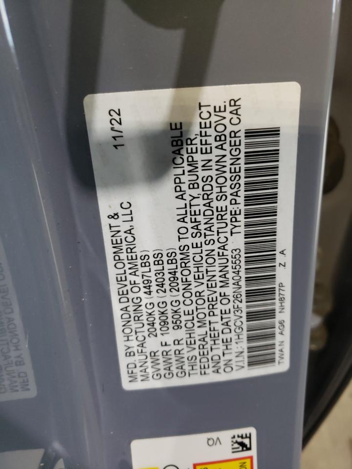 2022 HONDA ACCORD HYBRID SPORT VIN:1HGCV3F26NA045553