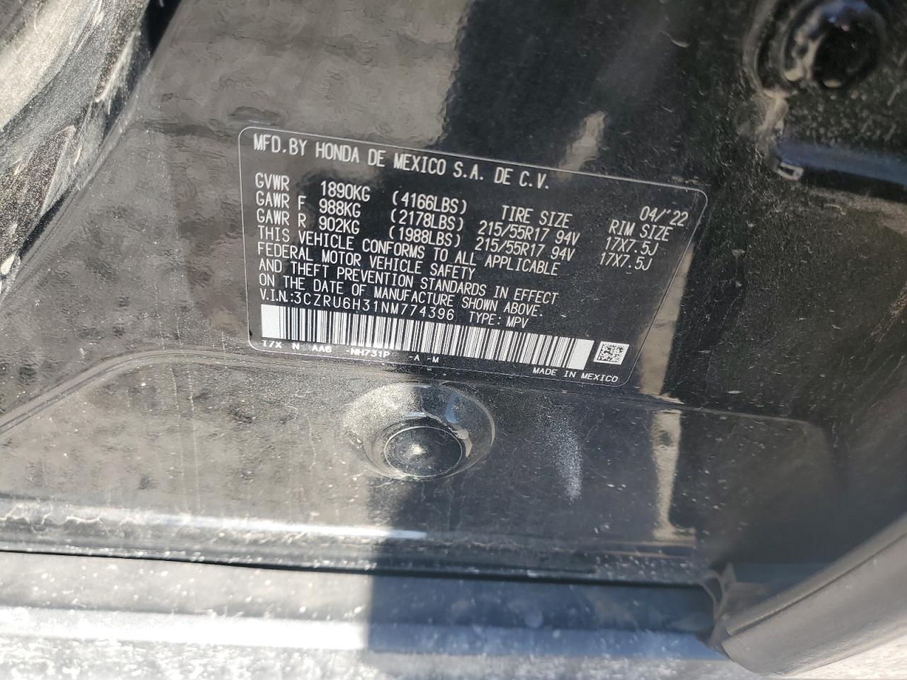 2022 HONDA HR-V LX VIN:3CZRU6H31NM774396