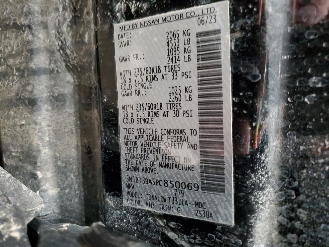 2023 NISSAN ROGUE SV VIN:5N1BT3BA5PC850069