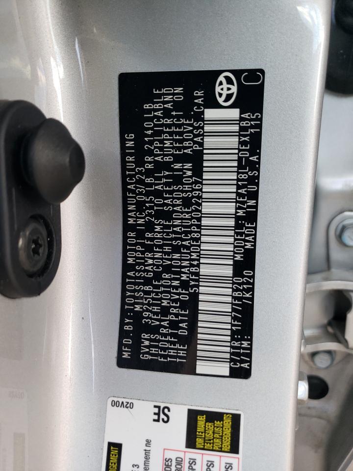 2023 TOYOTA COROLLA LE VIN:5YFB4MDE8PP022967