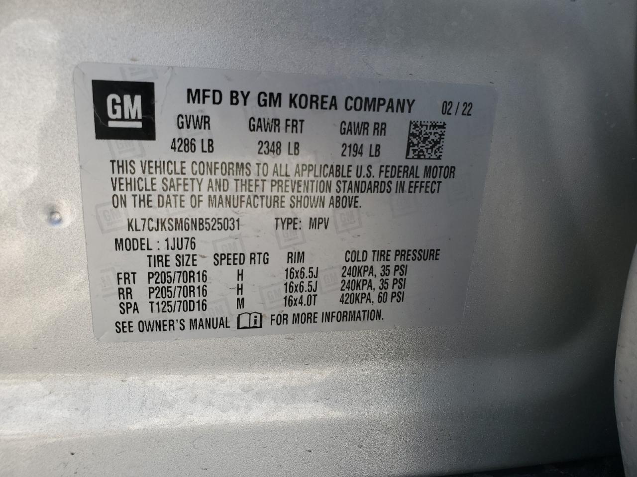 2022 CHEVROLET TRAX LS VIN:KL7CJKSM6NB525031