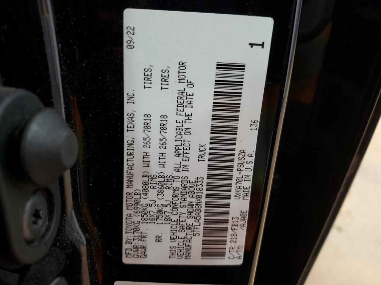 2022 TOYOTA TUNDRA CREWMAX SR VIN:5TFLA5AB8NX018333