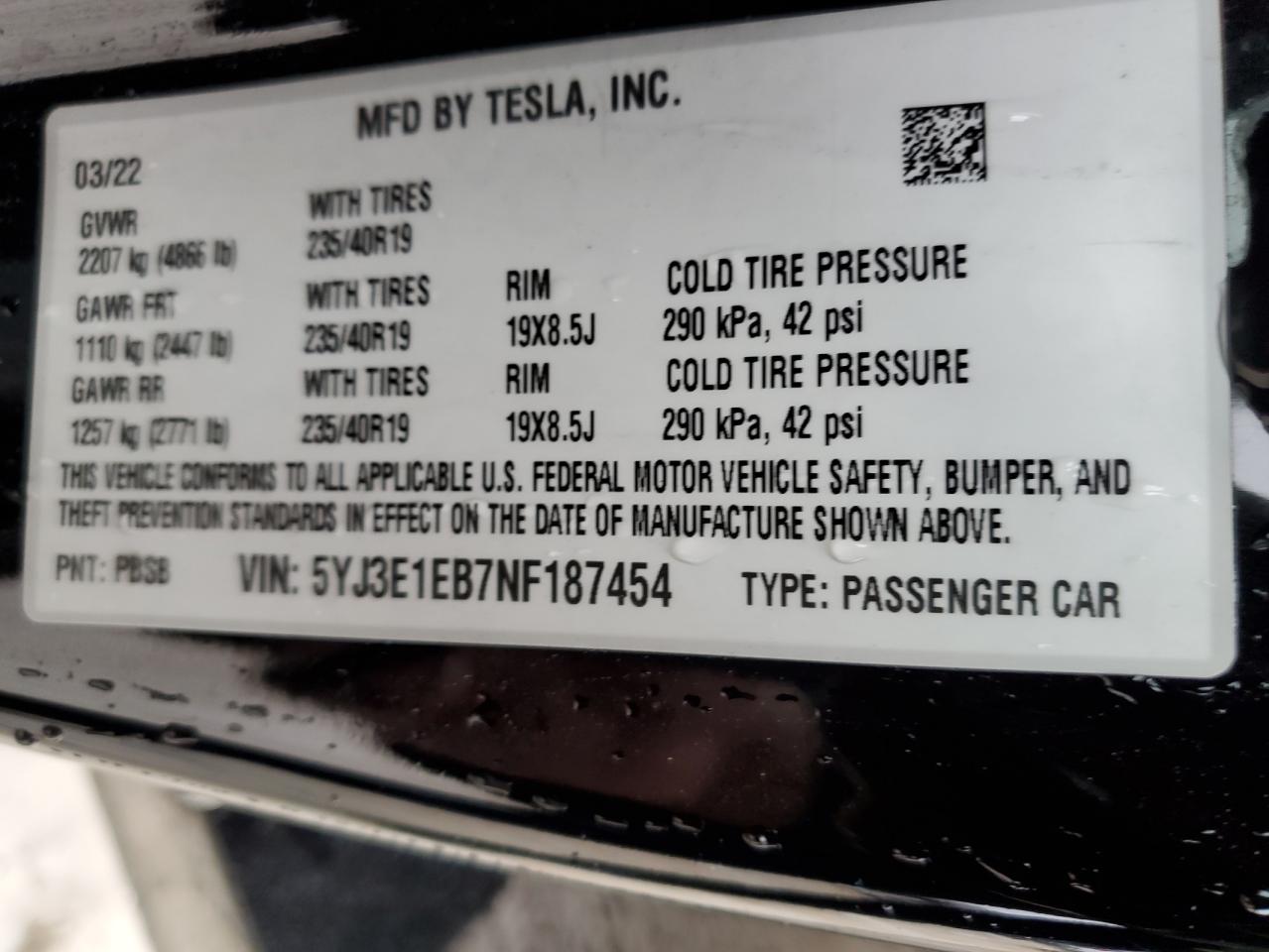 2022 TESLA MODEL 3  VIN:5YJ3E1EB7NF187454